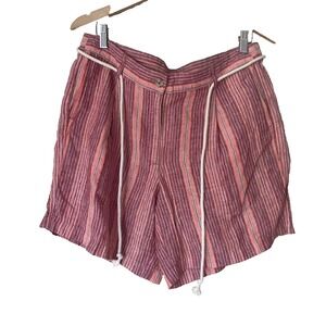J.Jill Love Linen Pink Striped‎ Pleated Cape Cod Rope Belted Shorts Size 14 NWT